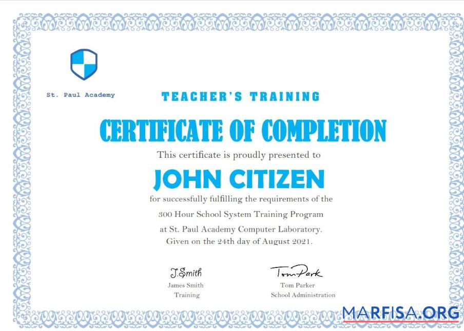 Blank USA Teacher’s Training Completion certificate download for verification
